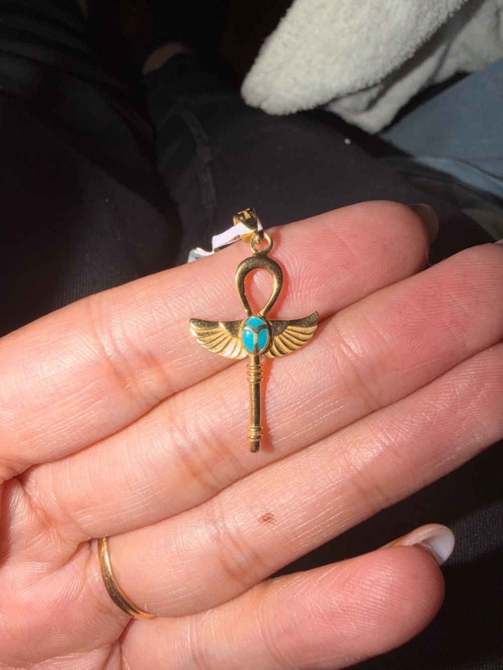 18k Italian gold Ankh Winged Pendant with Turquoise Accent - Women Jewelry